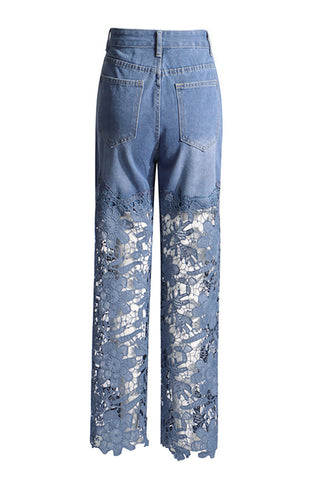 Lace-Detail Wide-Leg Denim Jeans