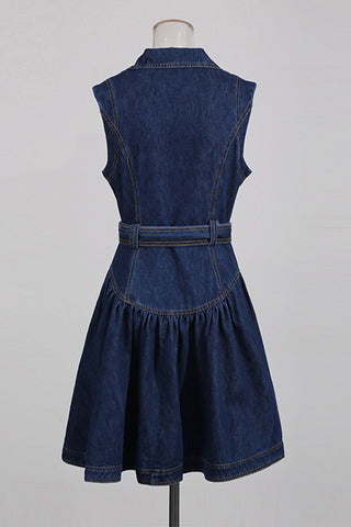 Belted Button-Front Denim Dress
