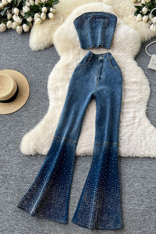 Rhinestone Flare Pants Set