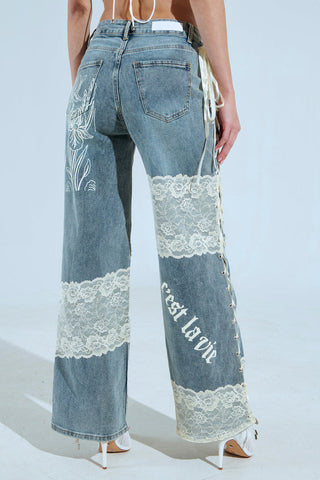 Lace-Detail Straight Jeans with Text Print