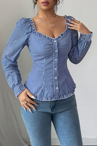 Stripe Button-Front Puff Sleeve Top