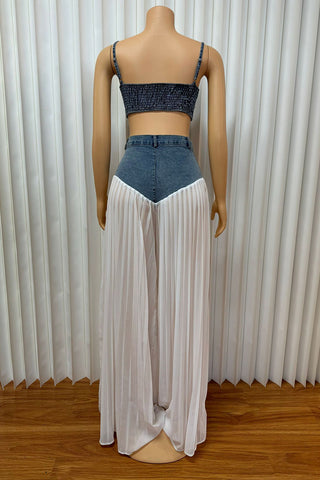 Pleated Wide-Leg Pants Set with Denim Top