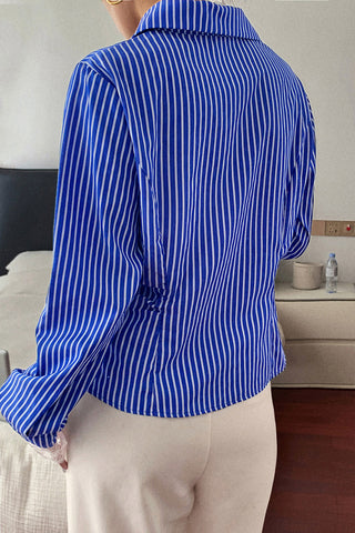 Striped Lace-Trim Button-Up Blouse