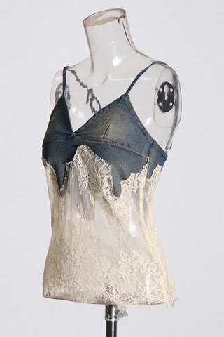 Lace Overlay Denim Camisole Top