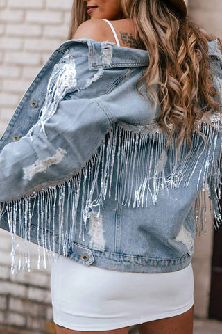 Fringe Detail Distressed Denim Jacket