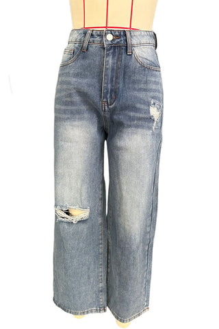 High-Waisted Ripped Straight Jeans