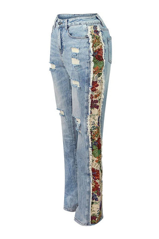 Printed Cropped Jacket and Distressed Pants Set