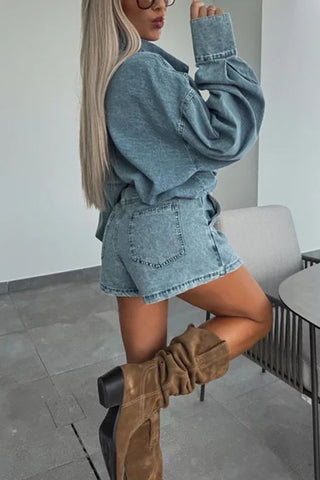 Button-Up Denim Short Set with Modern Style