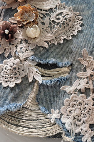 Floral Lace Embellished Denim Shorts