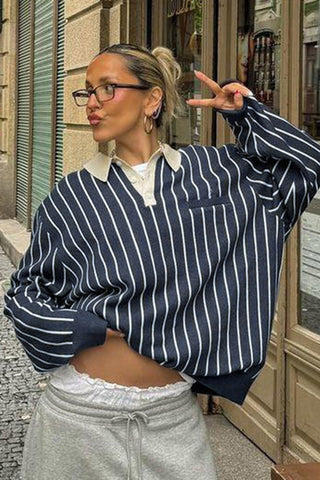Striped Long-Sleeve Polo Top