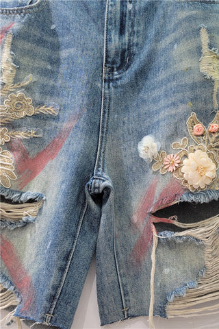 Distressed Floral Embellished Denim Shorts
