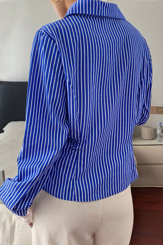 Striped Button-Up Blouse with Lace Trim