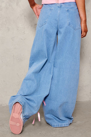Playful Ribbon-Accent Wide-Leg Jeans