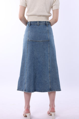 Buttoned Denim and Plaid Midi Skirt