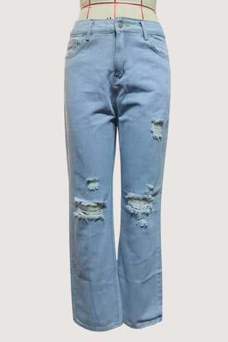 High-Waisted Distressed Straight Jeans