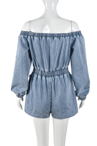 Off-Shoulder Denim Romper with Zipper Pockets