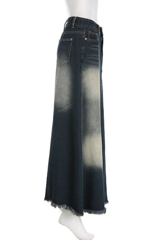 Flared Denim Skirt with Frayed Hem