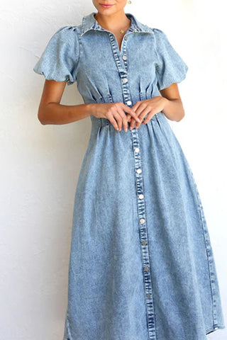 Button-Front Denim Midi Dress