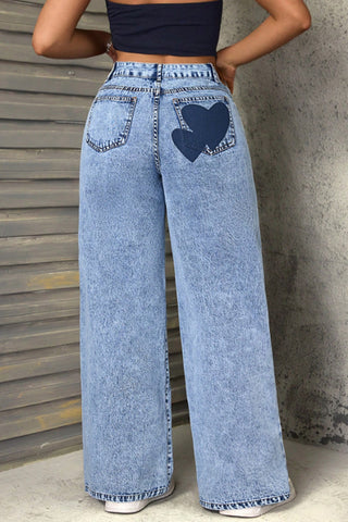 Wide Leg Heart Pattern Jeans