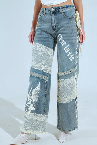 Lace Accent Straight Jeans
