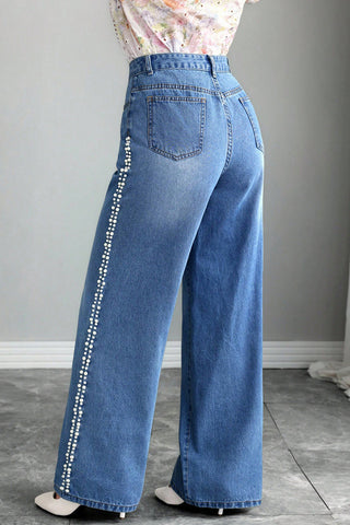 Pearl-Trim Wide Leg Jeans