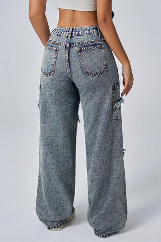 Distressed Wide-Leg Denim Pants