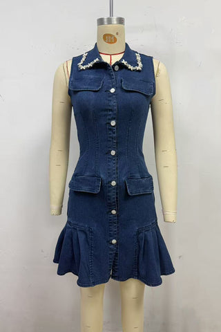 Button-Front Denim Dress with Embellished Collar