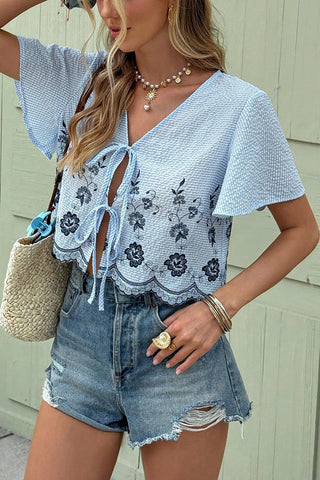 Floral Detail Tie-Front Blouse