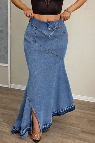 Asymmetric Hem Denim Maxi Skirt