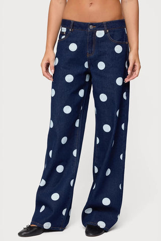 Polka Dot Denim Straight Jeans