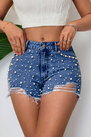 Pearl-Studded Distressed Denim Shorts
