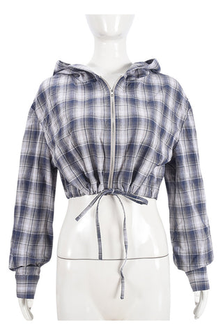 Zip-Up Plaid Shacket with Drawstring Waist