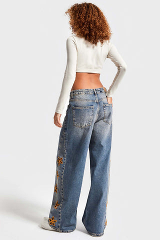 Floral Detail Wide Leg Jeans