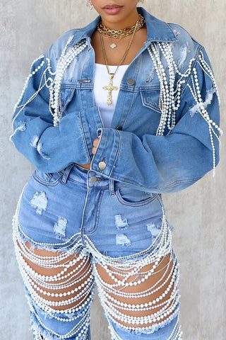 Pearl Embellished Denim Jacket