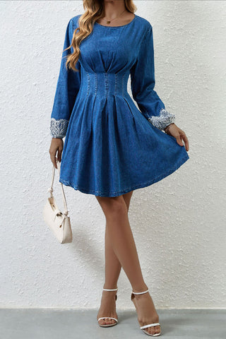 Elegant Denim Dress with Lace Cuffs