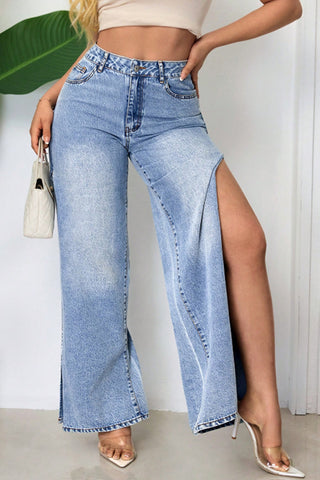 Wide-Leg Slit Denim Jeans