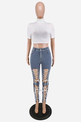 Lace-Up Cutout Straight Jeans