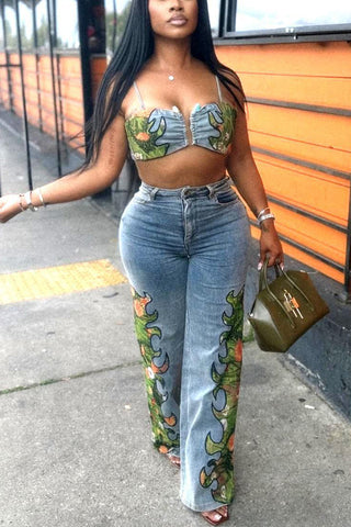 Tropical Print Denim Pants Set