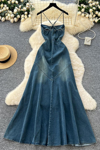 Strappy Button-Front Denim Dress