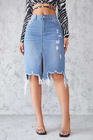 Distressed Denim Midi Skirt