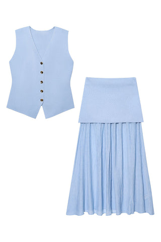 Button Vest and Pleated Skirt Set