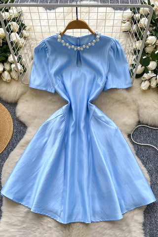 Pearl Trim Puff Sleeve Dress