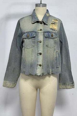 Distressed Denim Jacket with Button Closure