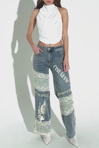 Lace-Detail Straight Jeans with Text Print
