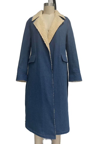 Belted Denim Coat with Plush Trim