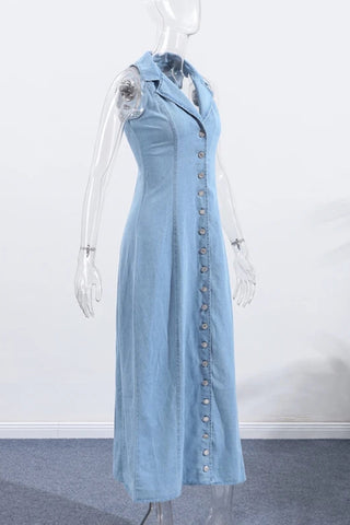 Sleeveless Denim Button-Front Dress