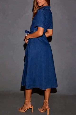 Belted Button-Front Denim Dress