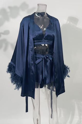 Feather-Trim Kimono Short Set