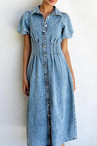 Button-Front Denim Midi Dress