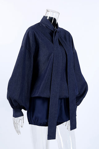 Tie-Neck Balloon Sleeve Short Set